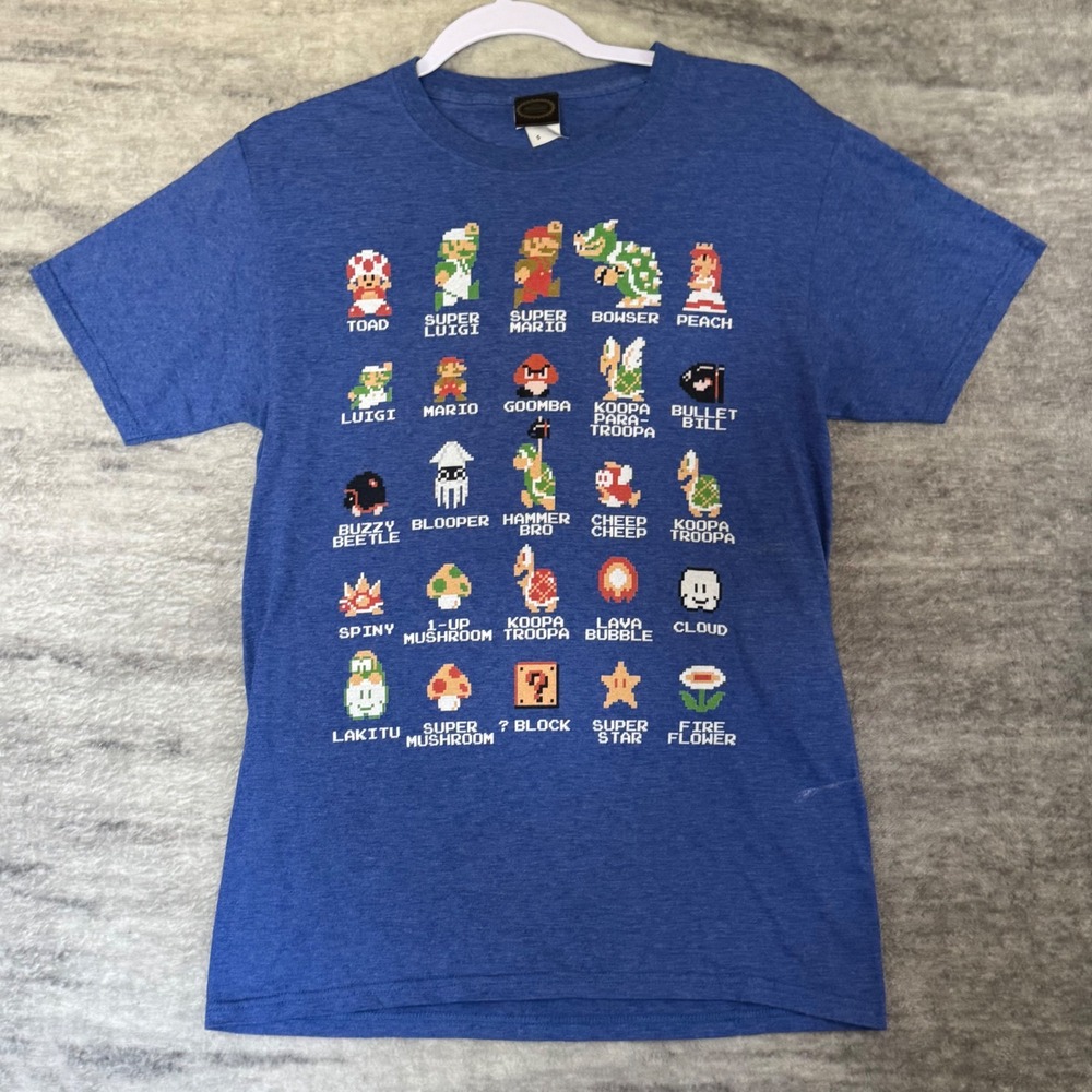 Nintendo Super Mario Bros 8-Bit Pixel Character Grid Blue Heather T-Shirt Small